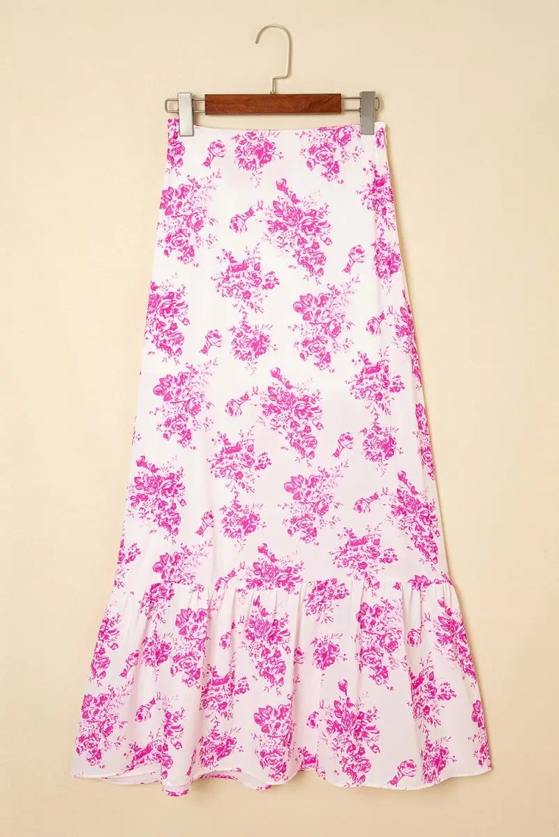 Rose Boho Floral High Waist Ruffle Split Maxi Skirt for Women - Love Salve